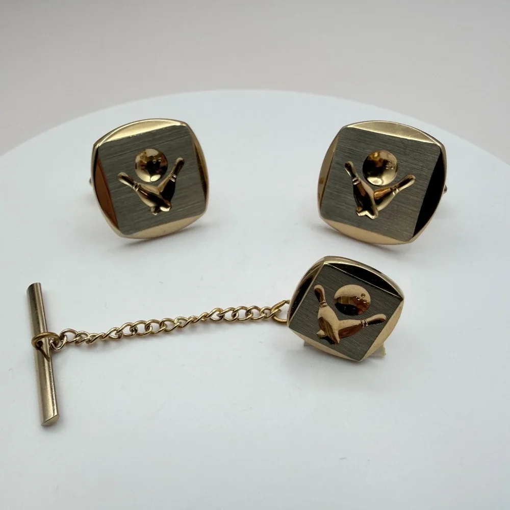 VTG Y2K Gold Tone Bowling Tie Tac Cufflinks Set Men's Classic Fashion Jewelry